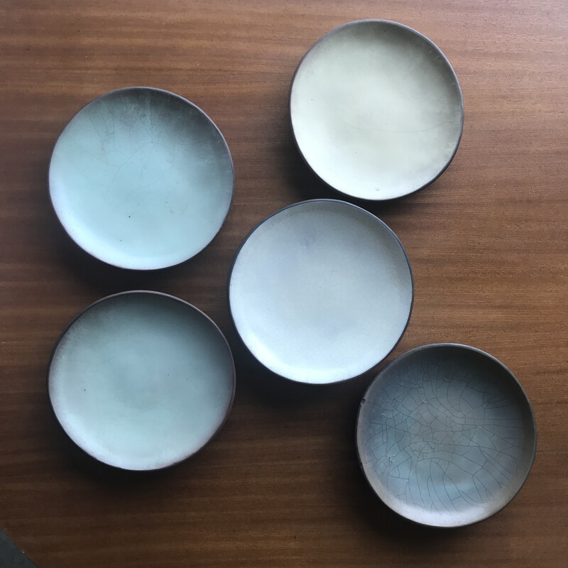 Set of 5 vintage cracked ceramic plates by Ariane Mathieu Quéré for Ateliers Nobiling