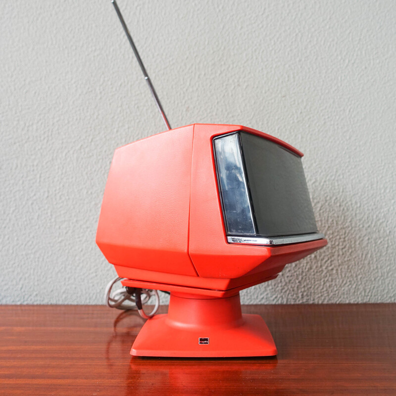 Vintage orange Sharp 5P 12G portable cube TV, 1970s