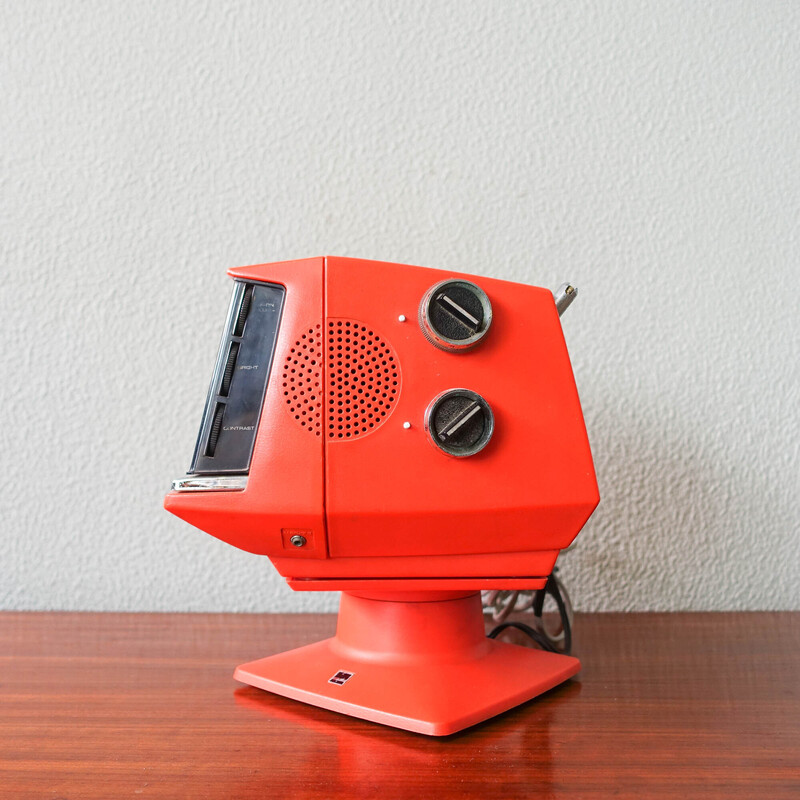 Vintage orange Sharp 5P 12G portable cube TV, 1970s