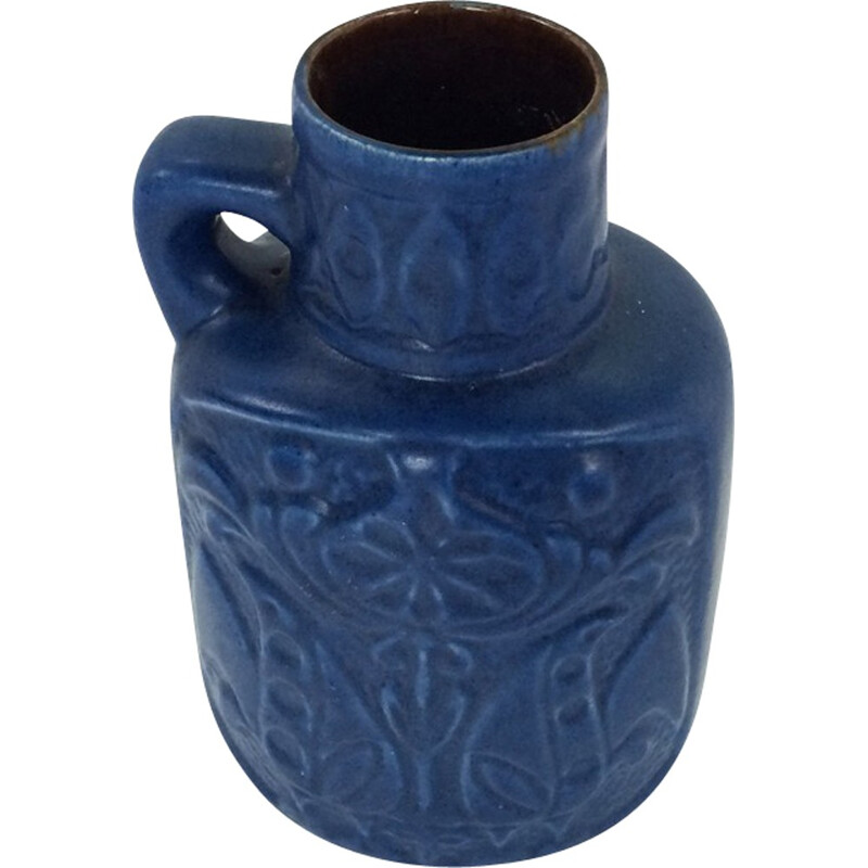 Vintage blauwe keramische vaas met bloemmotieven, 1960