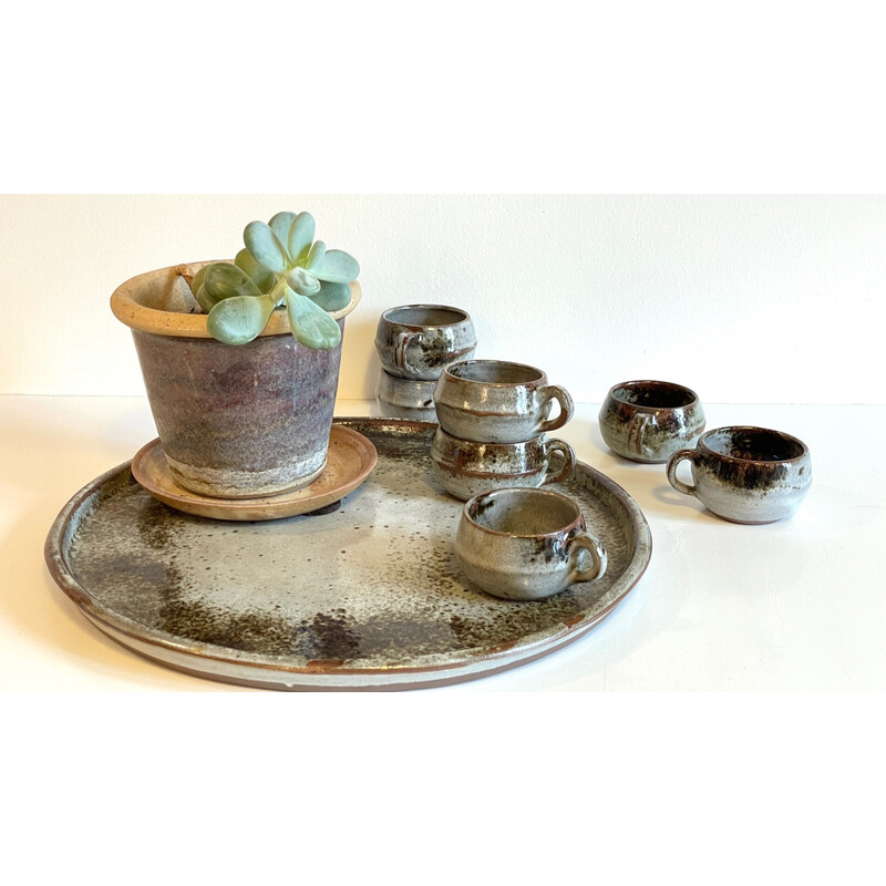 Vintage glazed stoneware tray with 7 cups
