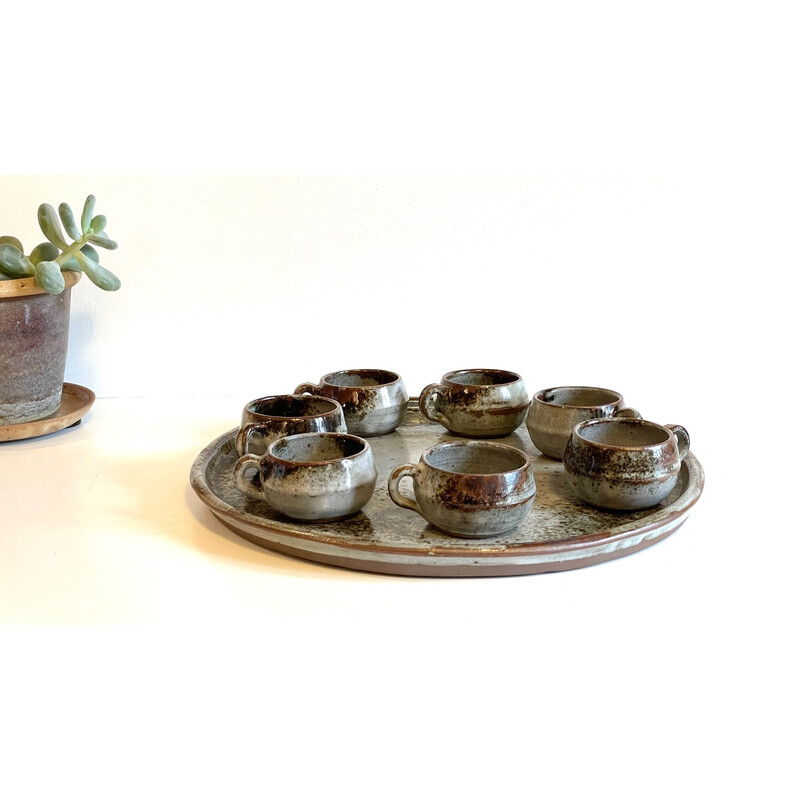 Plateau vintage en grès émaillé avec 7 tasses coupelles