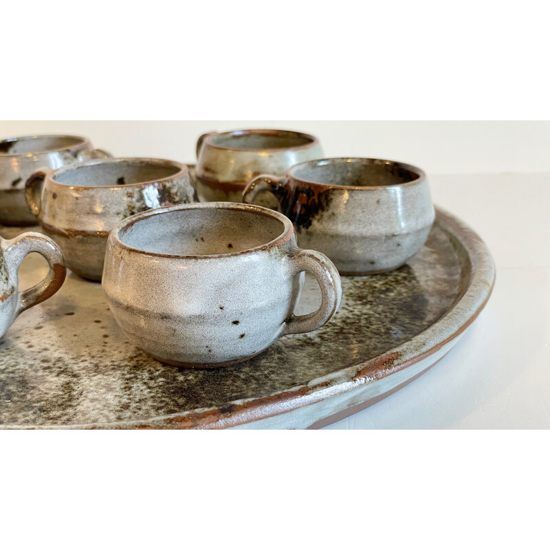 Vintage glazed stoneware tray with 7 cups