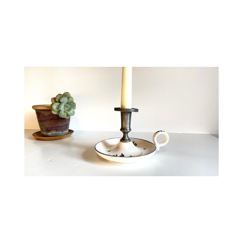 Vintage cerâmica e candelabro manual de estanho