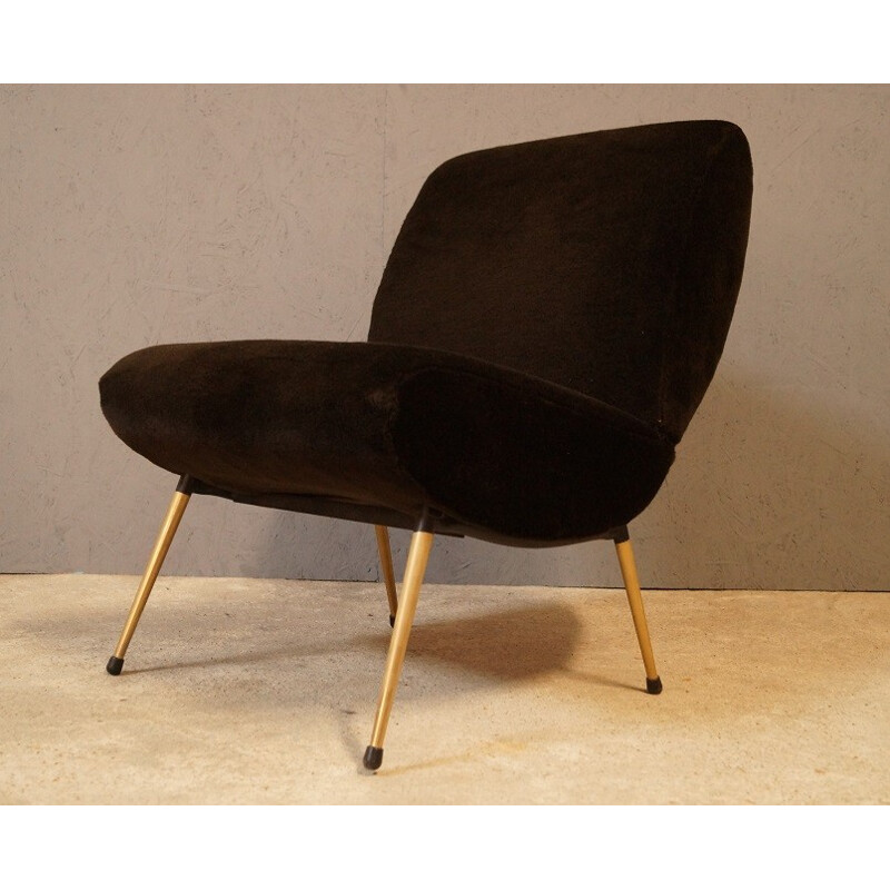 Brown velvet low chair with compass legs - 1950s