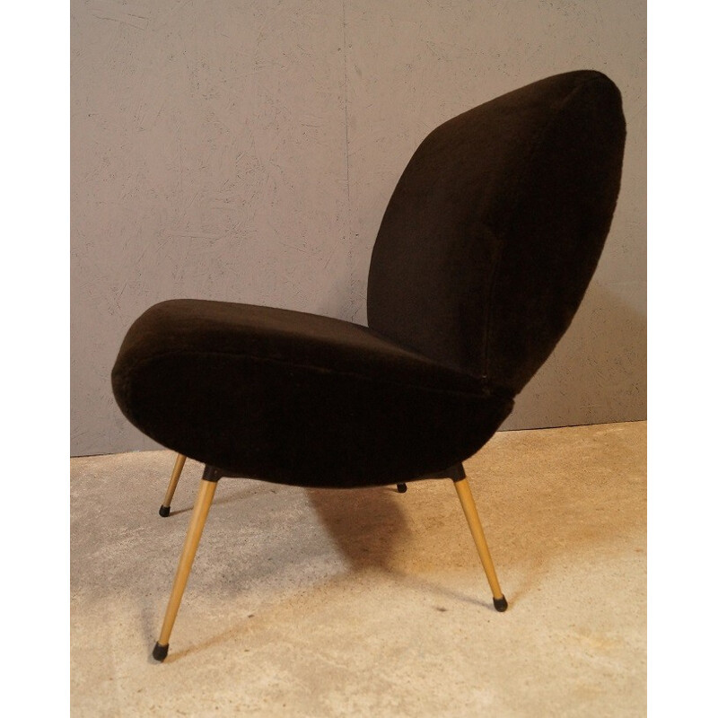 Brown velvet low chair with compass legs - 1950s