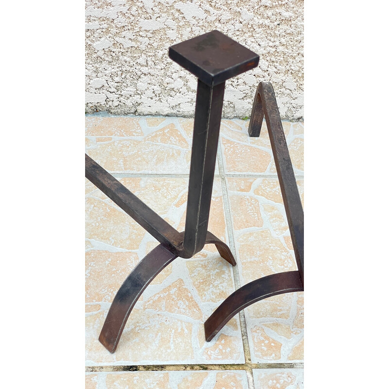 Pair of vintage geometric steel andirons