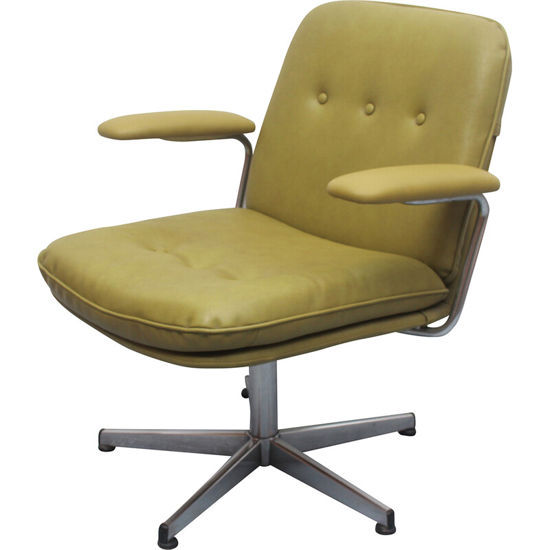 Vintage swivel chair in olive green leather and chrome, 1970s