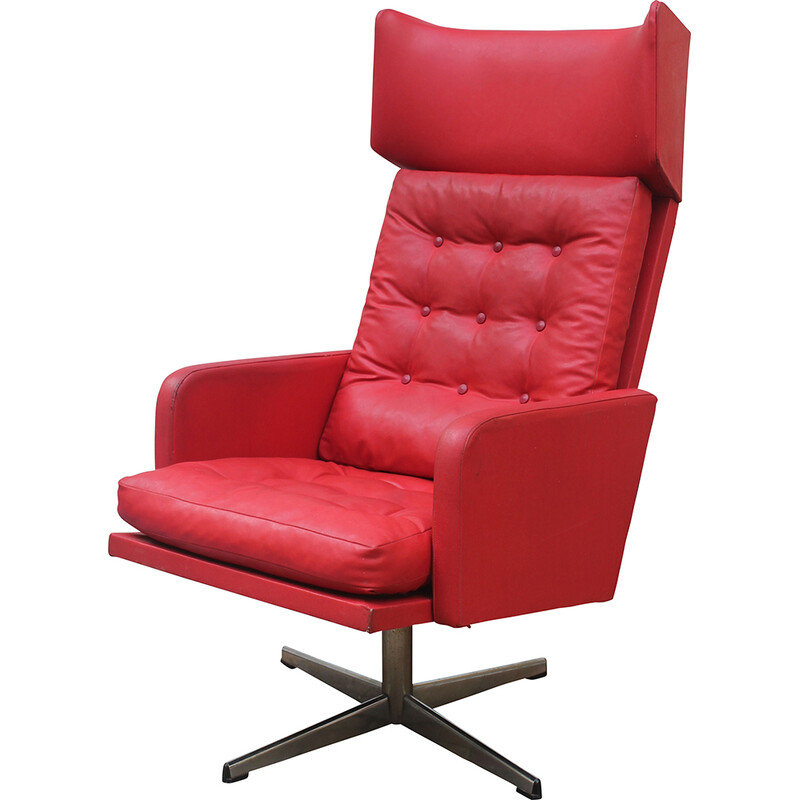 Vintage swivel armchair in red leather and steel, Czechoslovakia 1970s