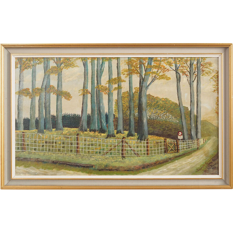 Scandinavian vintage painting "The road to the forest" with wooden frame, 1960s