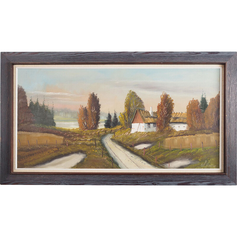 Scandinavian vintage painting "The Farmhouse on the Side" with wooden frame, 1970s