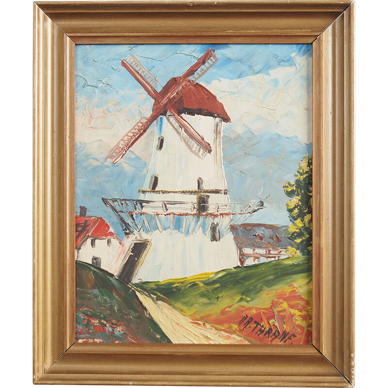 Peinture vintage scandinave "Le moulin à vent coloré" par Aage Verner Thrane