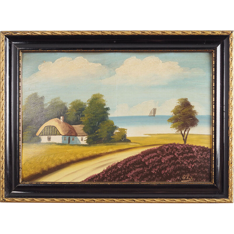 Scandinavisch vintage schilderij "De hut aan zee", 1970