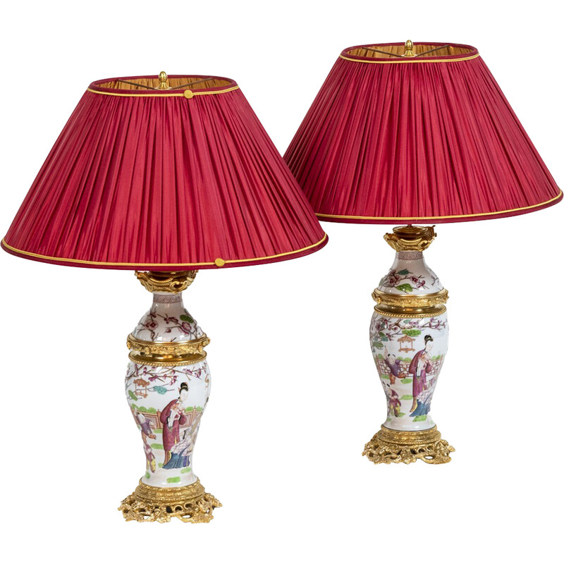 Pair of vintage Canton porcelain and gilt bronze lamps, 1880s