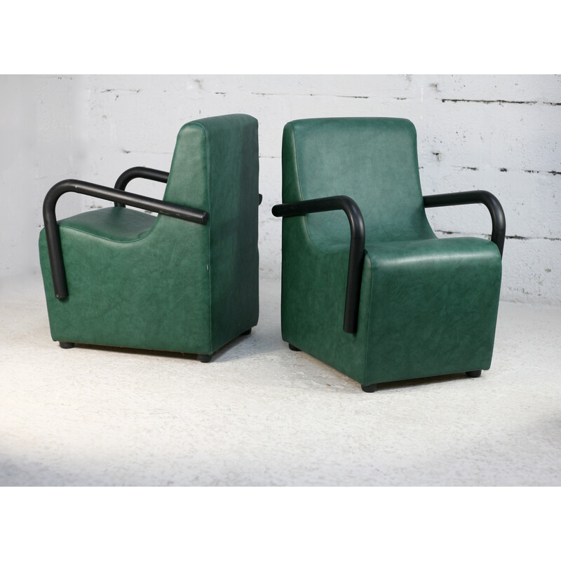 Paar vintage fauteuils van staal en groen kunstleer, Frankrijk 1980