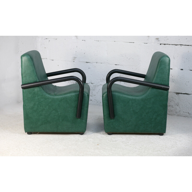 Paire de fauteuils vintage à accoudoirs en acier et simili-cuir vert, France 1980