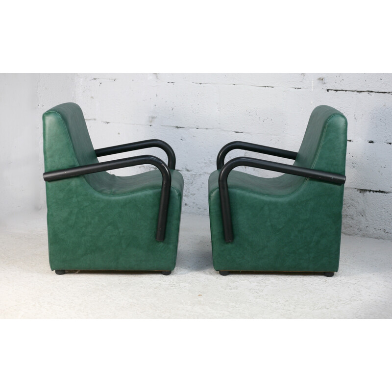 Pareja de sillones vintage de acero y polipiel verde, Francia 1980