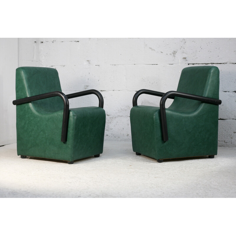 Paar vintage fauteuils van staal en groen kunstleer, Frankrijk 1980