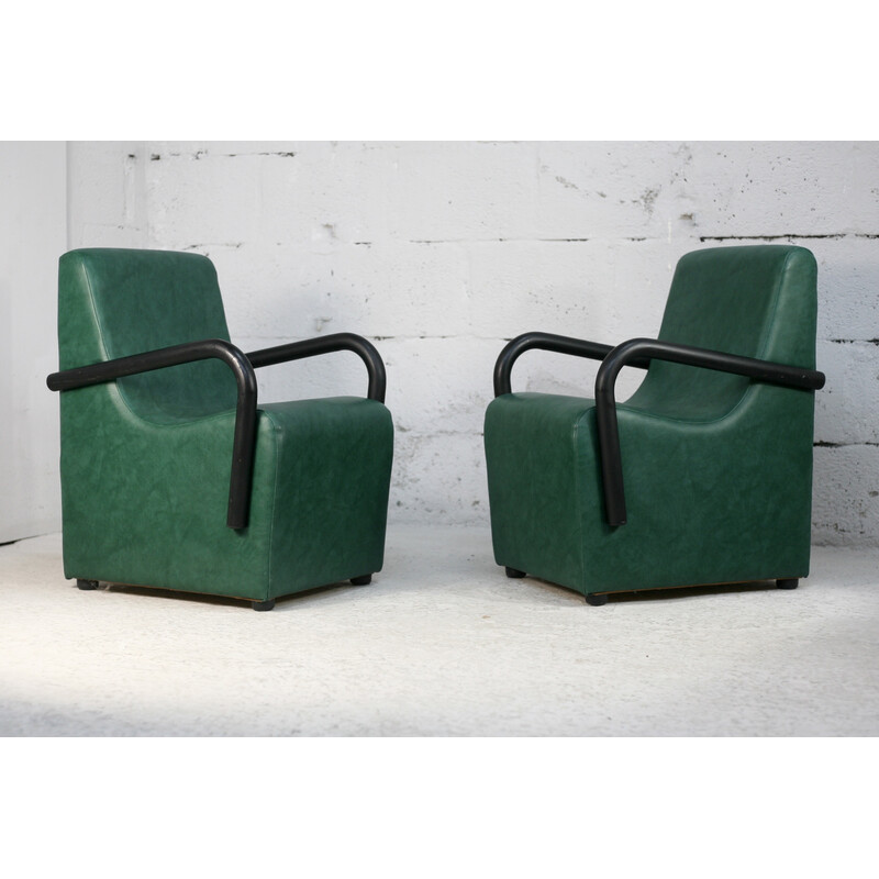 Paire de fauteuils vintage à accoudoirs en acier et simili-cuir vert, France 1980