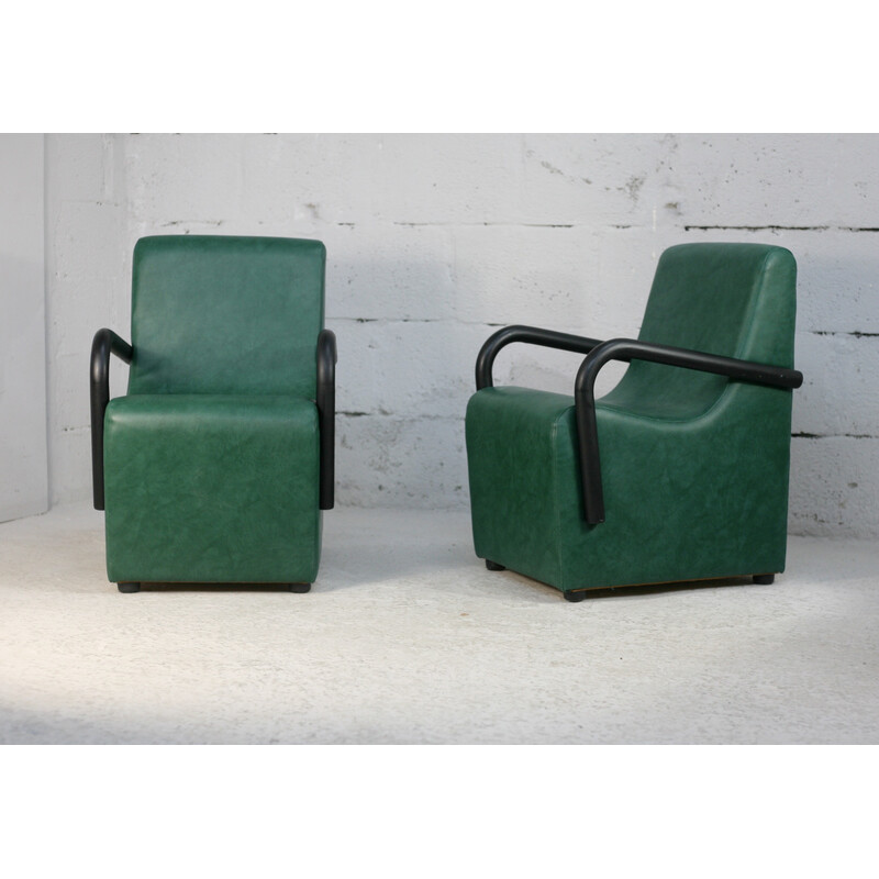 Pair of vintage armchairs in steel and green leatherette, France 1980