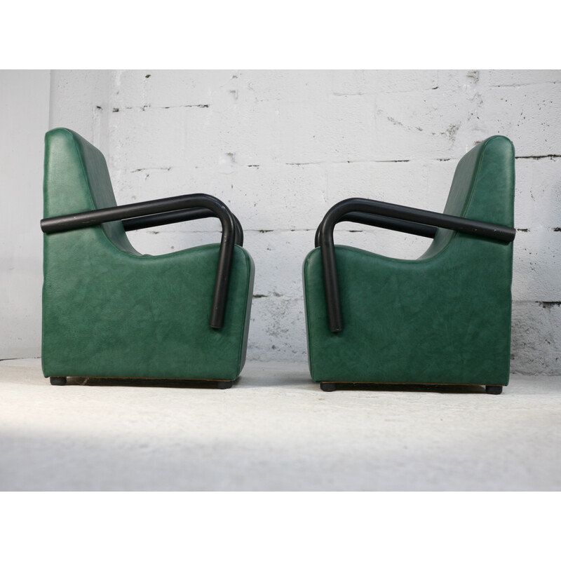 Paar vintage fauteuils van staal en groen kunstleer, Frankrijk 1980
