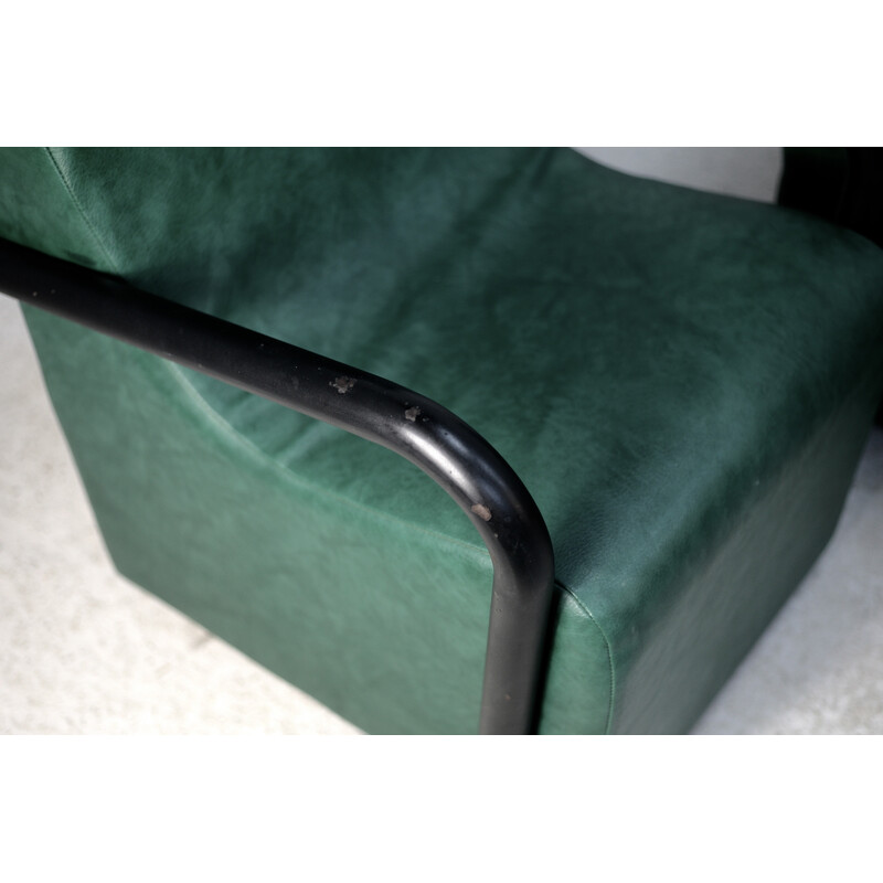 Pair of vintage armchairs in steel and green leatherette, France 1980