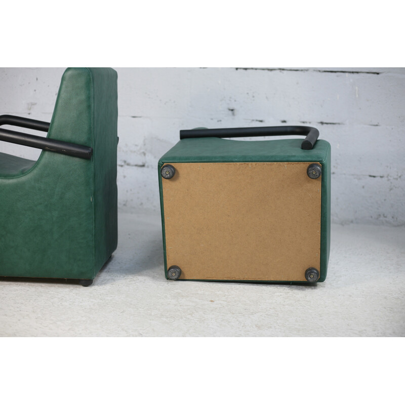 Pair of vintage armchairs in steel and green leatherette, France 1980