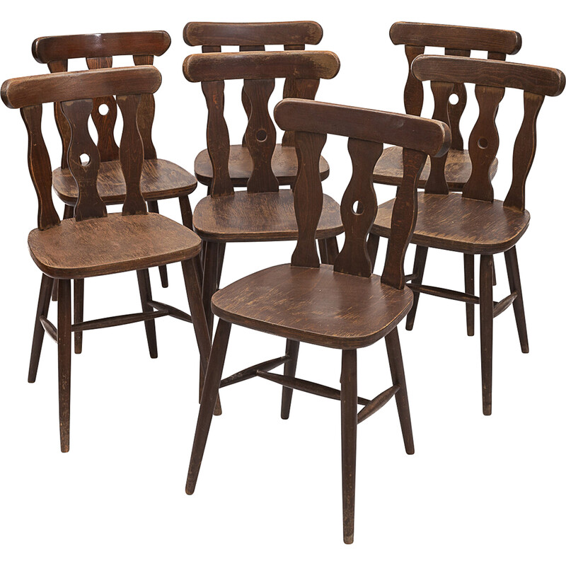 Set van 7 vintage bistrostoelen in kostbaar hout, 1950