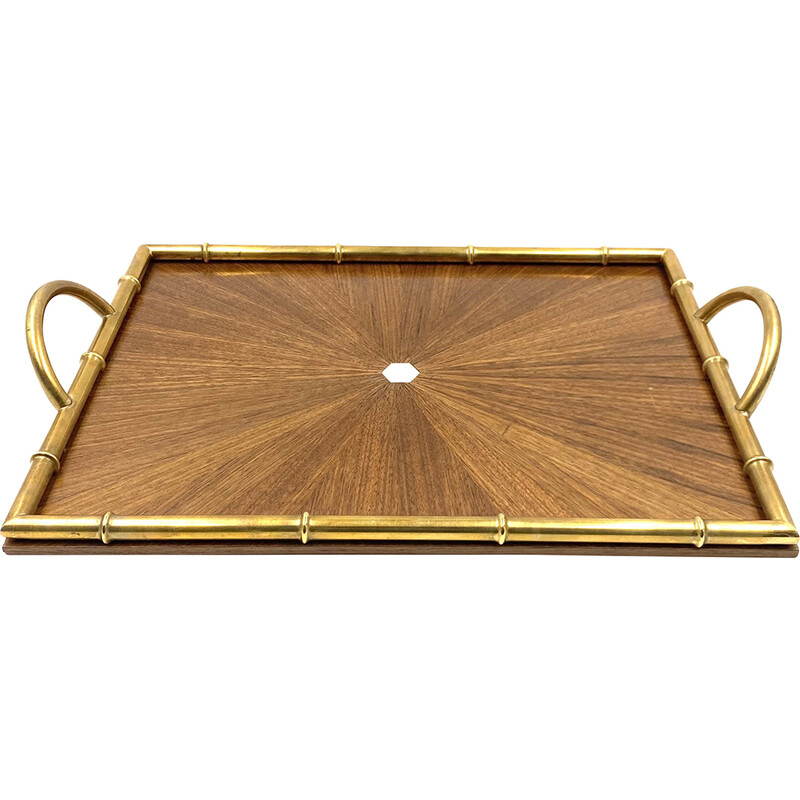 Vintage brass and wood tray, Italy 1970s