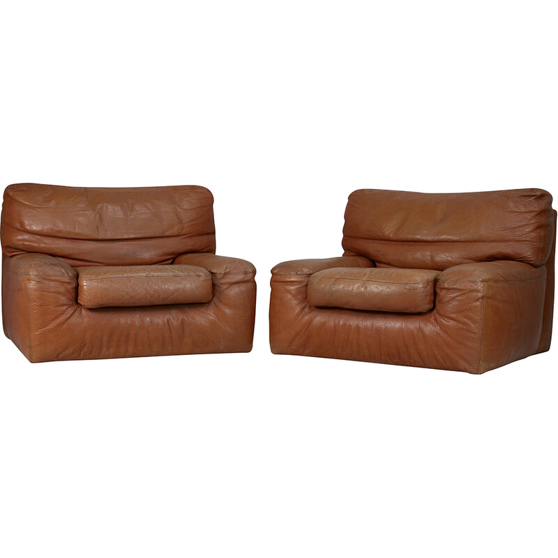 Pair of vintage "fawn" leather armchairs by Gerard Guermonprez, France 1975s