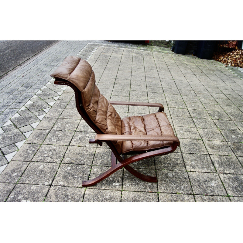 Vintage folding armchair in wood and leather by Igmar Relling for Westnofa, 1960