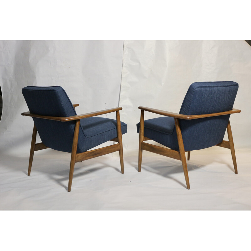 Pareja de sillones vintage de tela azul y madera de M. Zieliński, 1960.