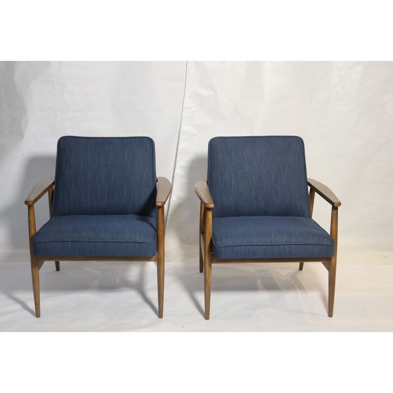 Paar vintage fauteuils in blauwe stof en hout van M. Zieliński, 1960