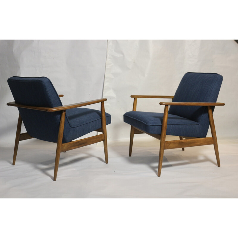 Paar vintage fauteuils in blauwe stof en hout van M. Zieliński, 1960