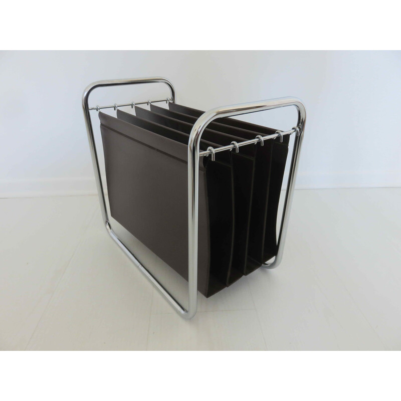 Vintage magazine rack in chromed metal and leatherette, France 1970s