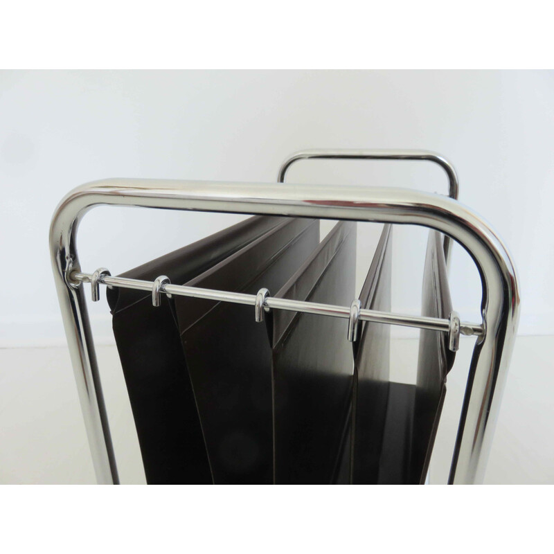 Vintage magazine rack in chromed metal and leatherette, France 1970s