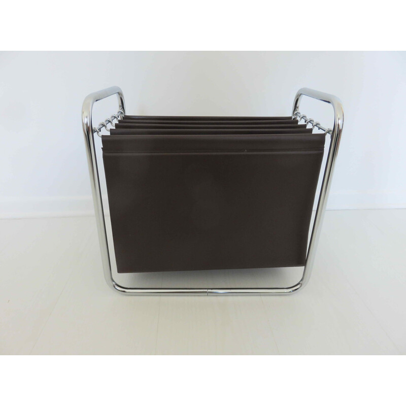 Vintage magazine rack in chromed metal and leatherette, France 1970s