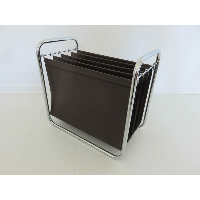 Vintage magazine rack in chromed metal and leatherette, France 1970s