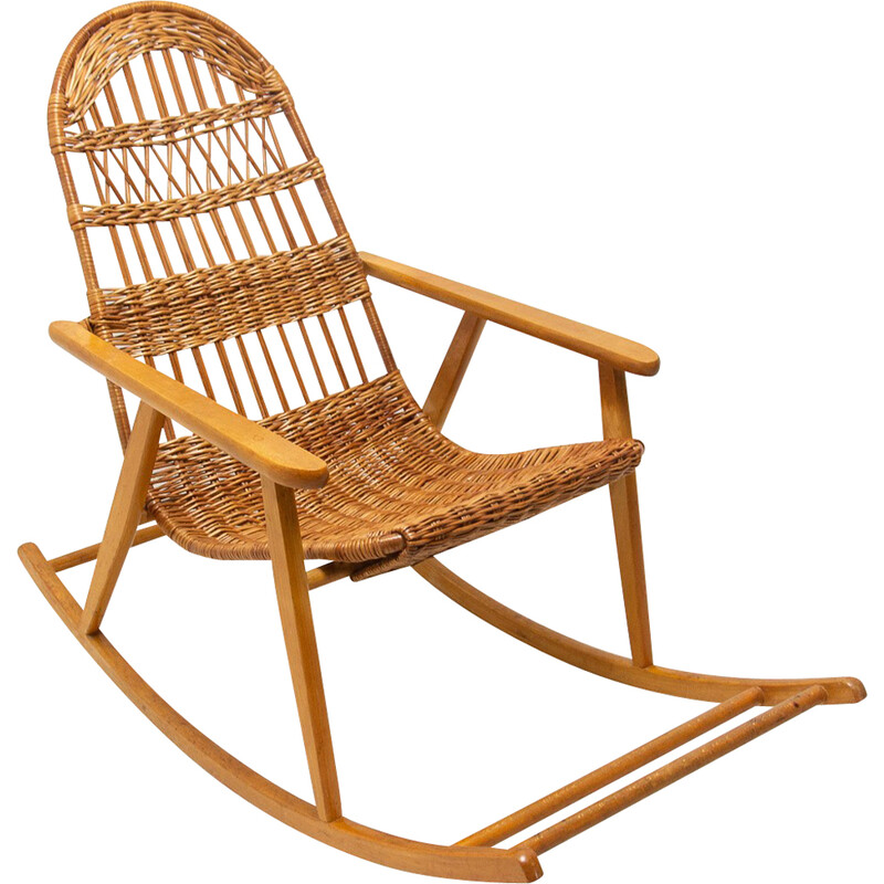 Chaise à bascule vintage en osier, Tchécoslovaquie 1960