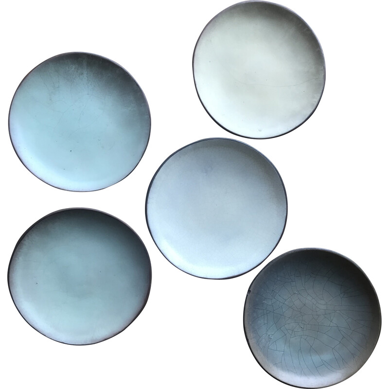 Set of 5 vintage cracked ceramic plates by Ariane Mathieu Quéré for Ateliers Nobiling