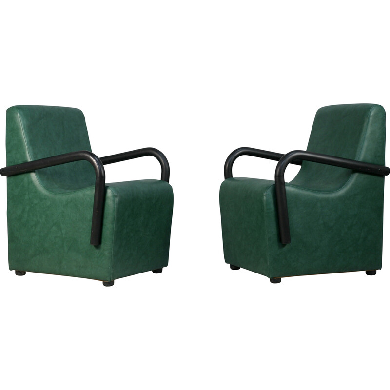 Pair of vintage armchairs in steel and green leatherette, France 1980