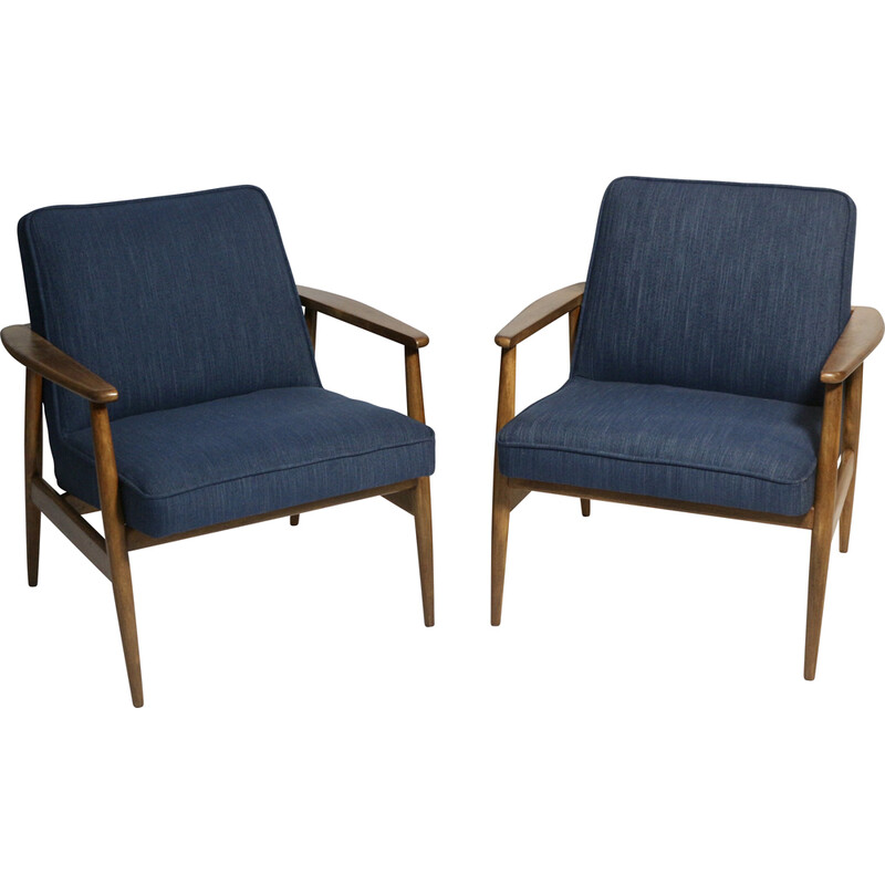 Paar vintage fauteuils in blauwe stof en hout van M. Zieliński, 1960