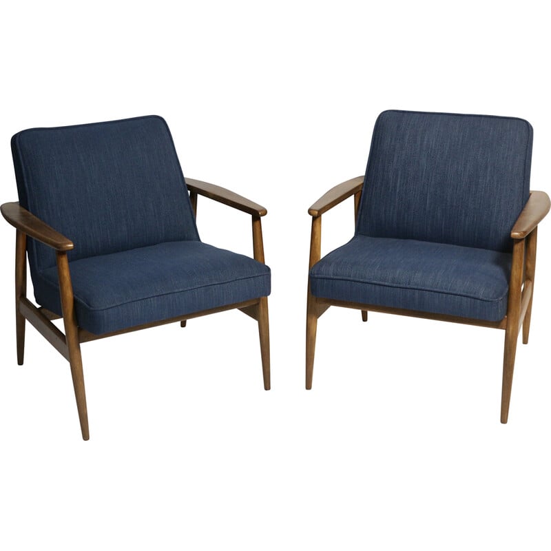 Paire de fauteuils vintage en tissu bleu et bois par M. Zieliński, 1960