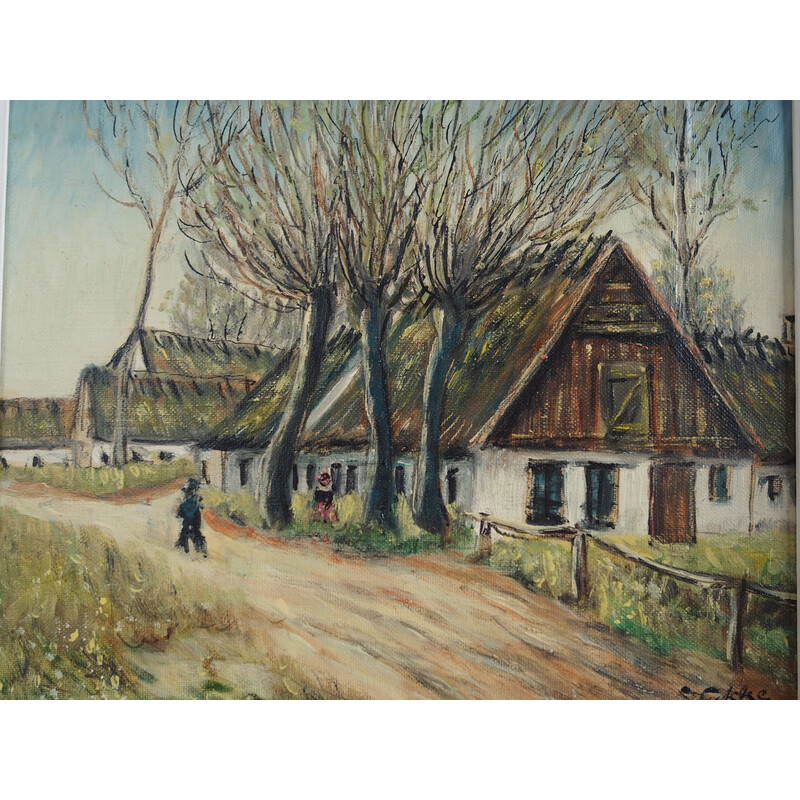 Vintage painting "The Farm under the Willows", 1960s