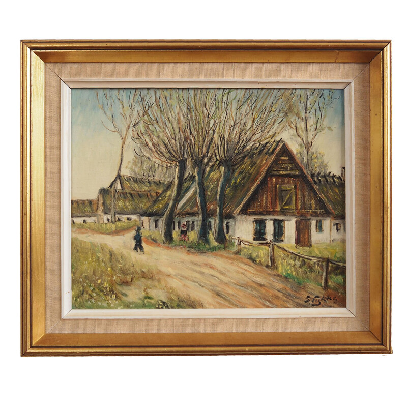 Vintage schilderij "De boerderij onder de wilgen", jaren 1960
