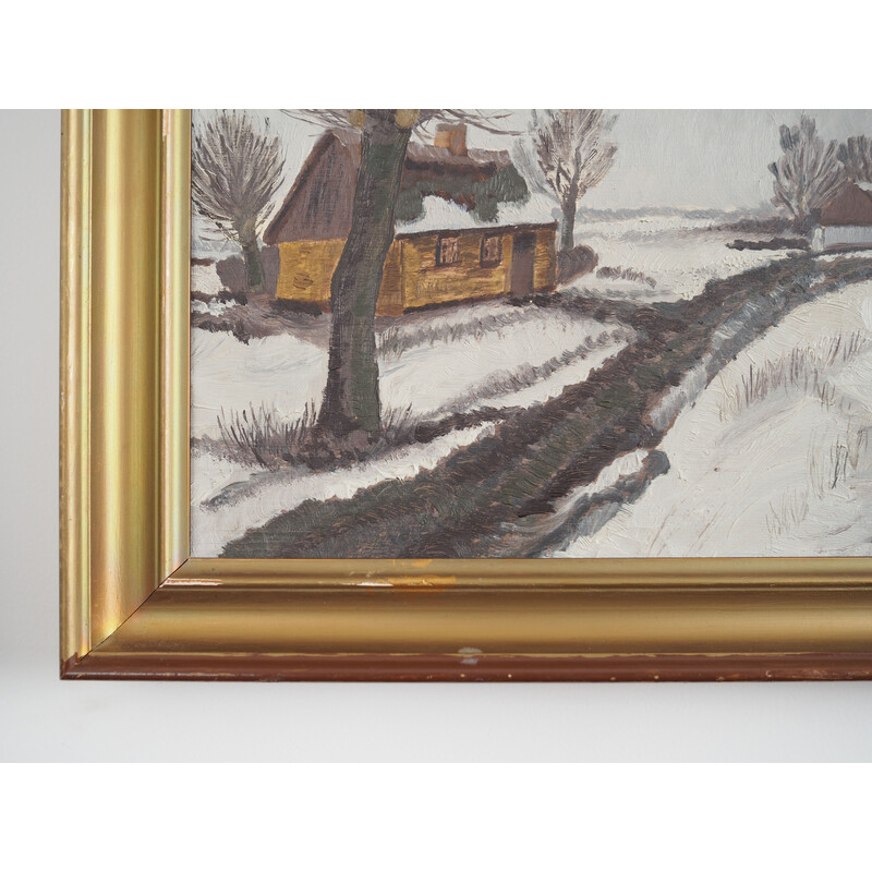 Scandinavian vintage painting "The Winterscape" with wooden frame, 1960s