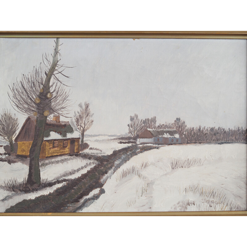 Scandinavian vintage painting "The Winterscape" with wooden frame, 1960s