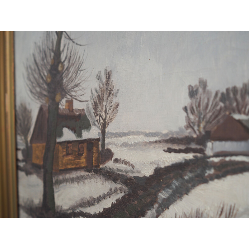 Peinture vintage scandinave "The Winterscape" avec cadre en bois, 1960
