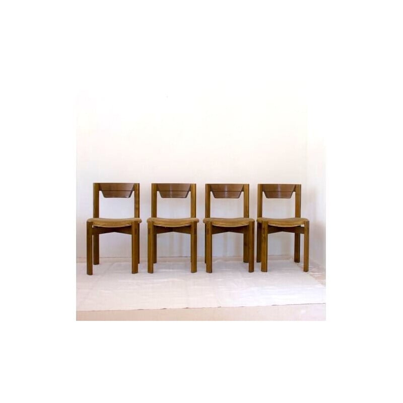 Set of 4 vintage walnut and velvet chairs, 1960s
