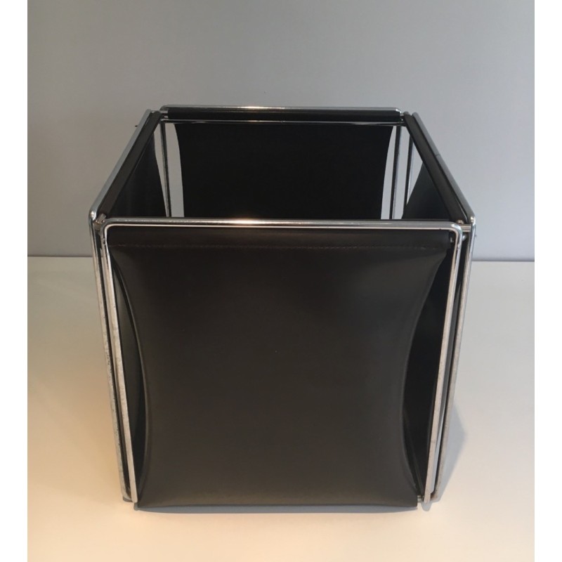 Vintage wastepaper basket in chrome and skai, 1970